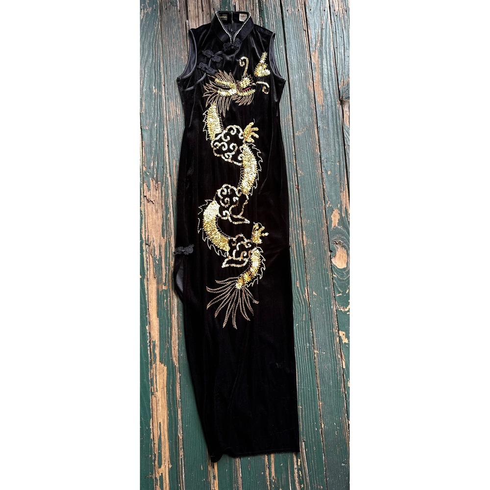 Underwraps Black Velvet Dragon Sequin Beaded Cheongsam Maxi Dress Sleeveless M
